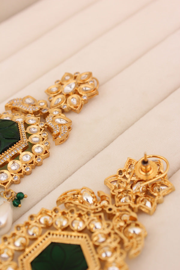 Long Kundan Earrings With American Diamonds And White Pearls (EK001G-Kundan)