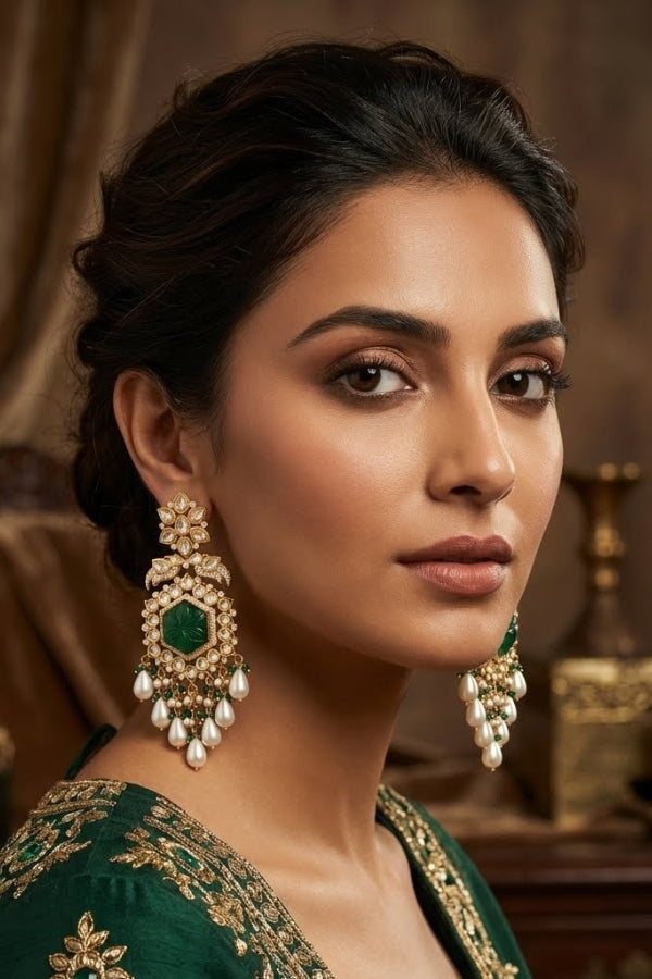 Long Kundan Earrings With American Diamonds And White Pearls (EK001G-Kundan)