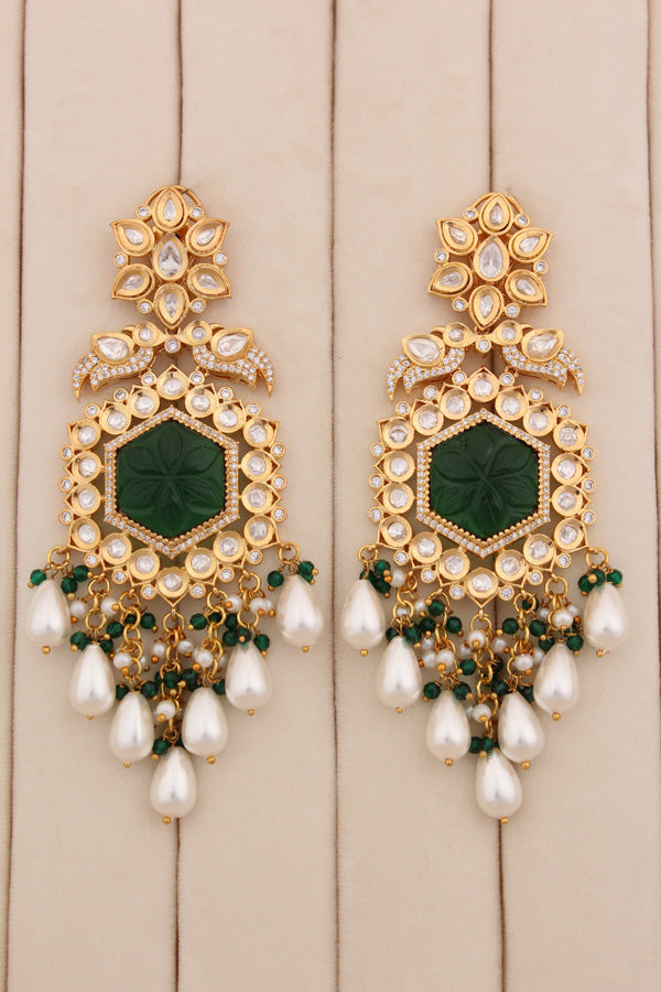 Long Kundan Earrings With American Diamonds And White Pearls (EK001G-Kundan)