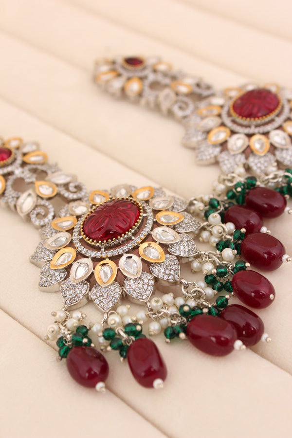Long Kundan Earrings With Maroon Colour Pearls And American Diamonds (EK003-Kundan)