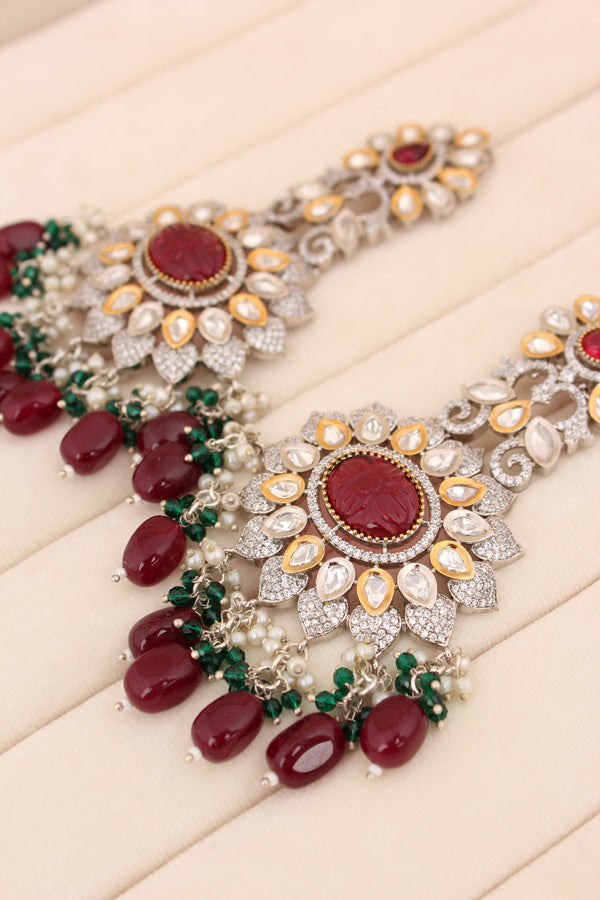 Long Kundan Earrings With Maroon Colour Pearls And American Diamonds (EK003-Kundan)