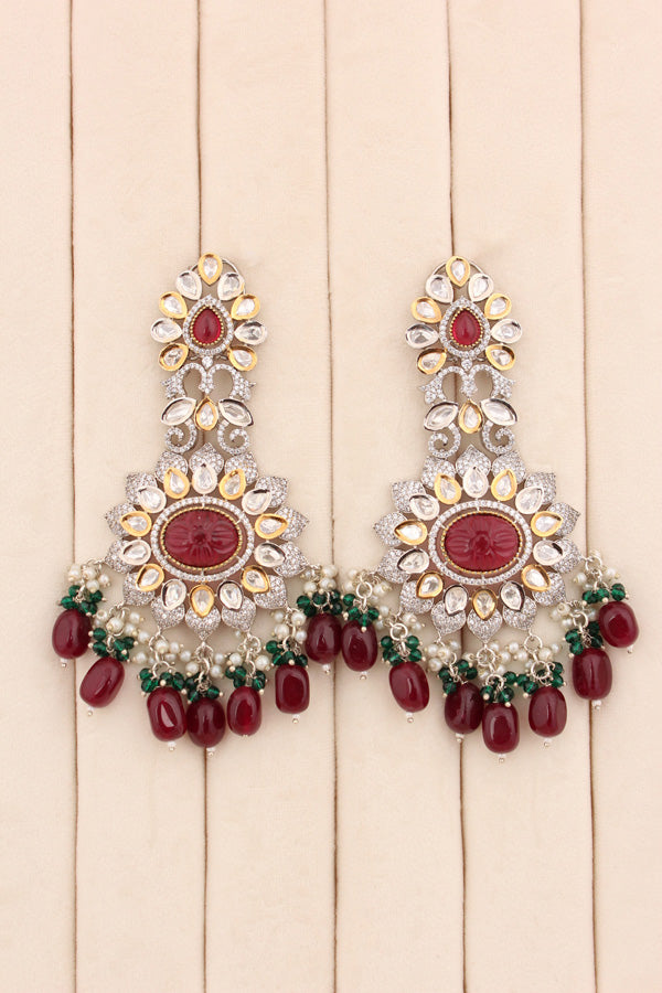 Long Kundan Earrings With Maroon Colour Pearls And American Diamonds (EK003-Kundan)