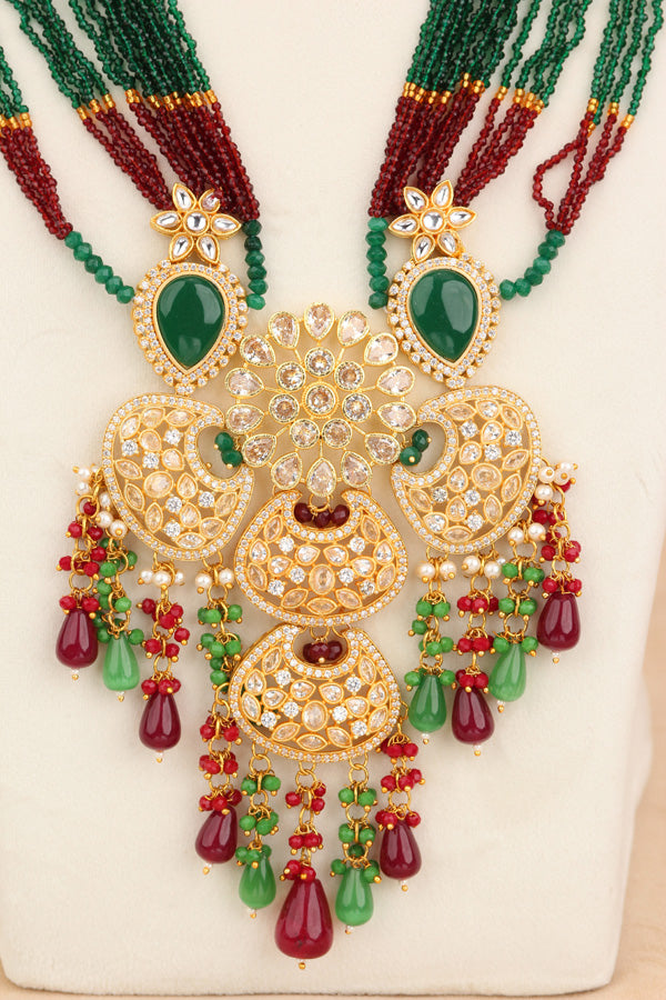 Long Kundan Necklace Set Composed With Crystal Beads And Large Center Design With Matching Long Earrings (LKN001G-Kundan)