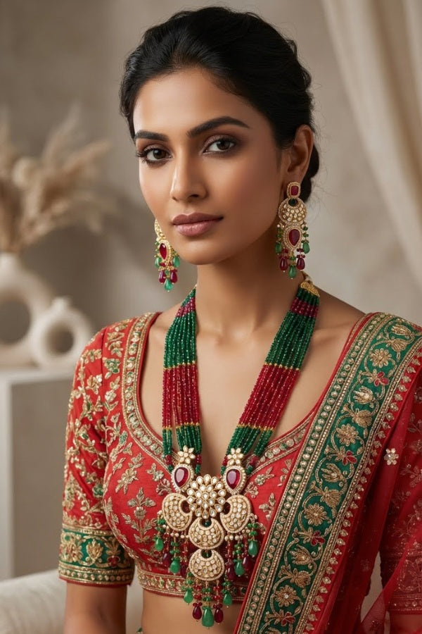 Long Kundan Necklace Set Composed With Crystal Beads And Large Center Design With Matching Long Earrings (LKN001M-Kundan)