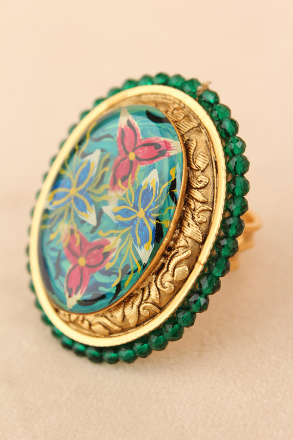Meenakari Fashionable Adjustable Ring With Green Background (RF003-G)