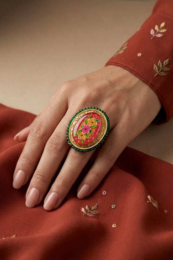 Meenakari Fashionable Adjustable Ring With Red Background (RF003-R)