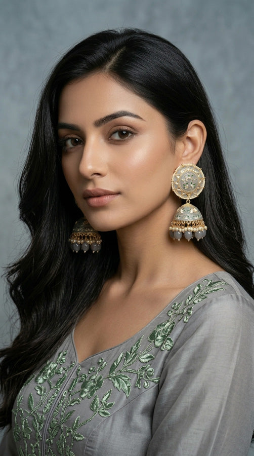 Meenakari Jhumka Earrings In Grey Colour And Matching Pearls Attached