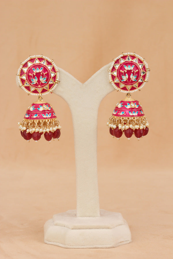 Meenakari Jhumka Earrings In Hot Pink Colour And Matching Pearls Attached (JH005-HP-B1)