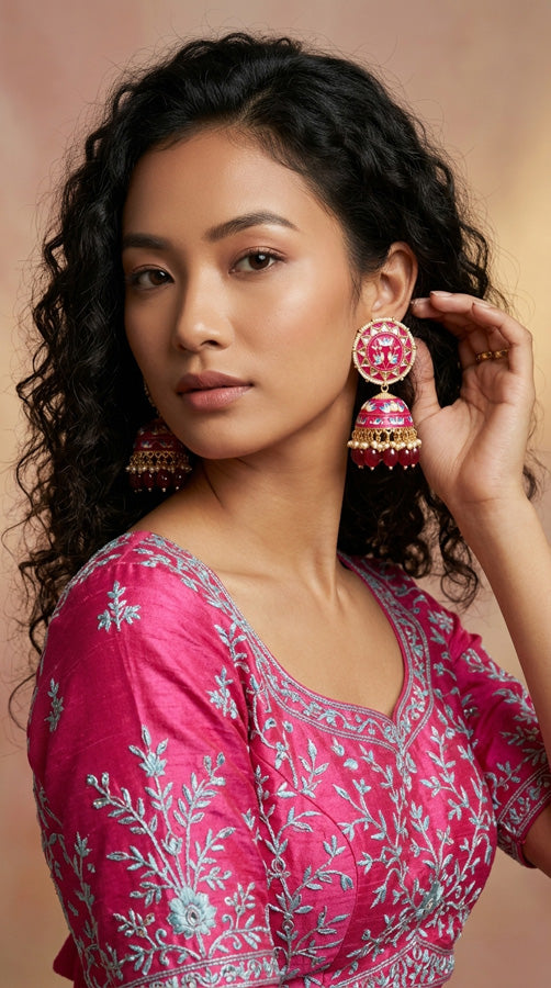 Meenakari Jhumka Earrings In Hot Pink Colour And Matching Pearls Attached
