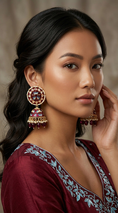 Meenakari Jhumka Earrings In Maroon Colour And Matching Pearls Attached