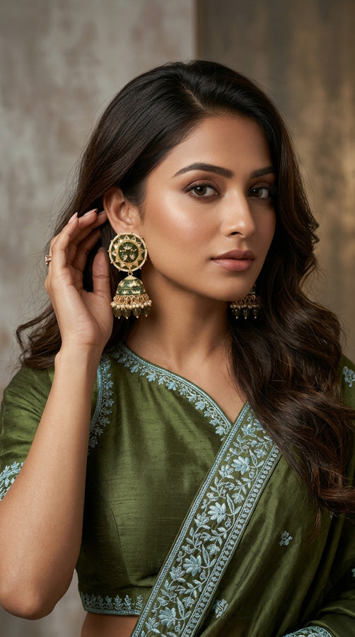 Meenakari Jhumka Earrings In Mehndi Green Colour And Matching Pearls Attached