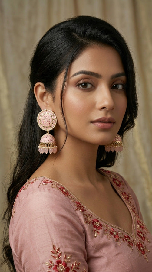 Meenakari Jhumka Earrings In Pink Colour And Matching Pearls Attached