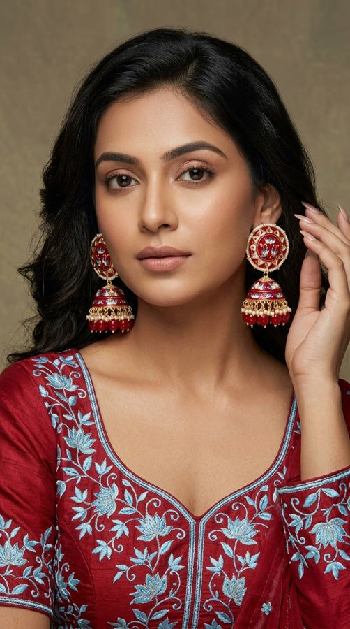 Meenakari Jhumka Earrings In Red Colour And Matching Pearls Attached