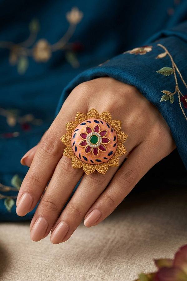 Meenakari Statement Ring With Green Center Stone (RF009)