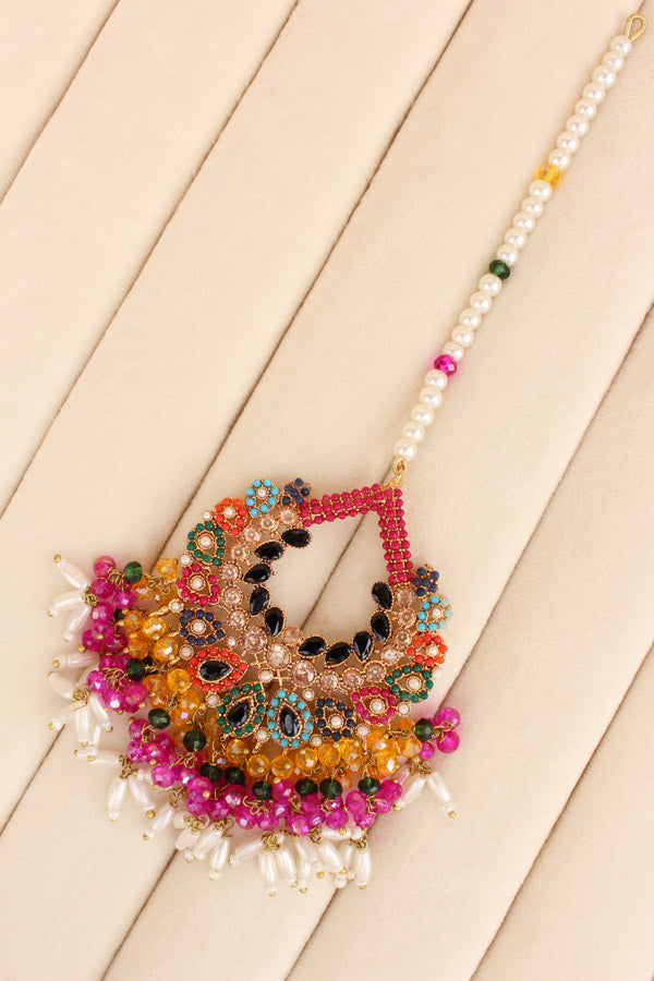 Multi Colour Pakistani Tikka Set With Black Colur Center Stone (PKTS003-BL)