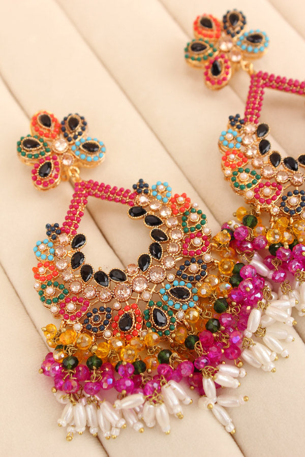 Multi Colour Pakistani Tikka Set With Black Colur Center Stone (PKTS003-BL)