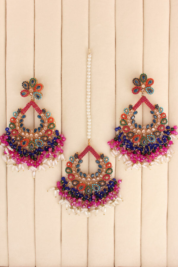Multi Colour Pakistani Tikka Set With Blue Colur Center Stone (PKTS003-B)