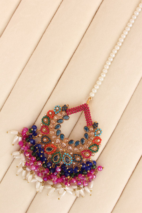 Multi Colour Pakistani Tikka Set With Blue Colur Center Stone (PKTS003-B)