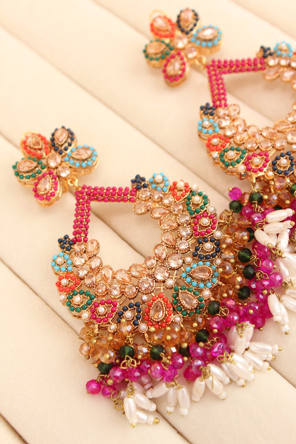 Multi Colour Pakistani Tikka Set With Gold Colur Center Stone (PKTS003-GO)