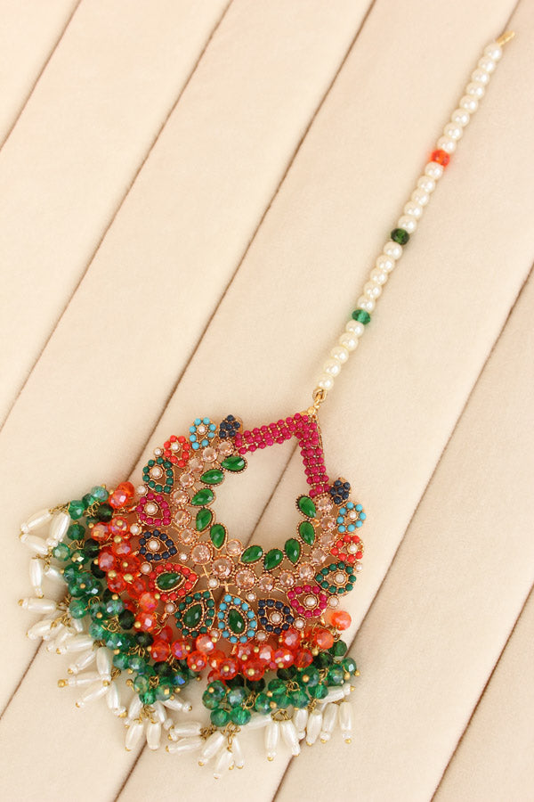 Multi Colour Pakistani Tikka Set With Green Colur Center Stone (PKTS003-G)