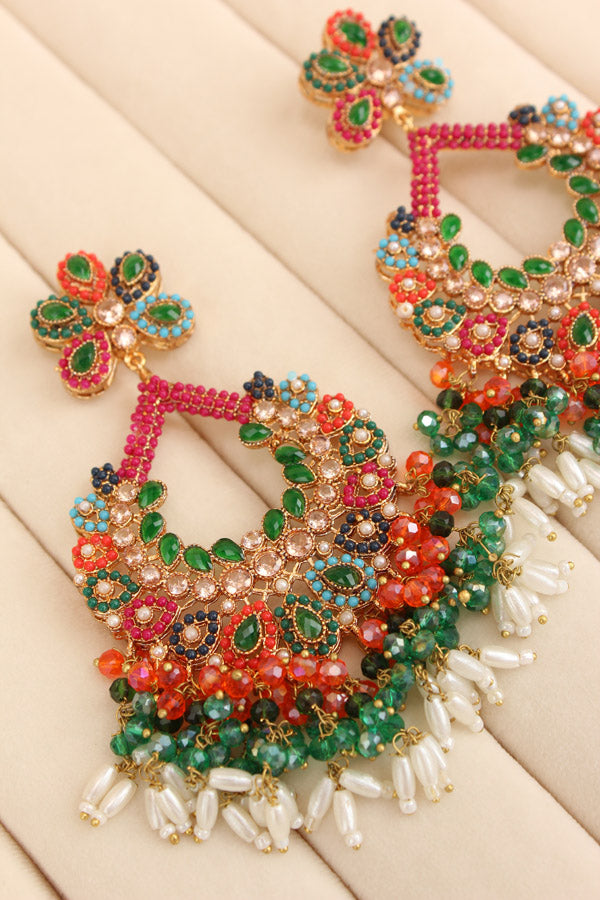 Multi Colour Pakistani Tikka Set With Green Colur Center Stone (PKTS003-G)