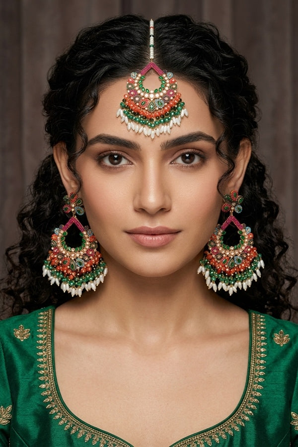 Multi Colour Pakistani Tikka Set With Green Colur Center Stone (PKTS003-G)