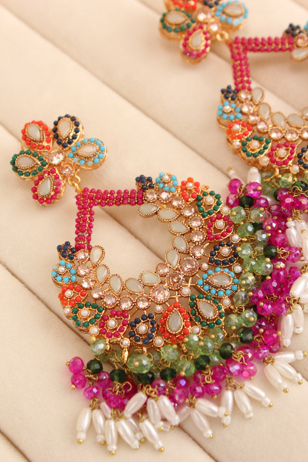 Multi Colour Pakistani Tikka Set With Light Green Colur Center Stone (PKTS003-LG)