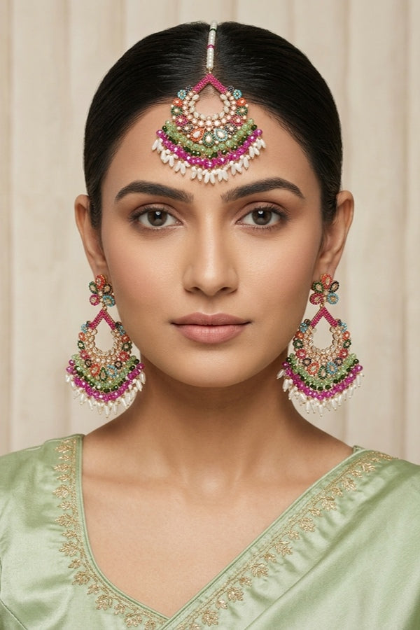 Multi Colour Pakistani Tikka Set With Light Green Colur Center Stone (PKTS003-LG)