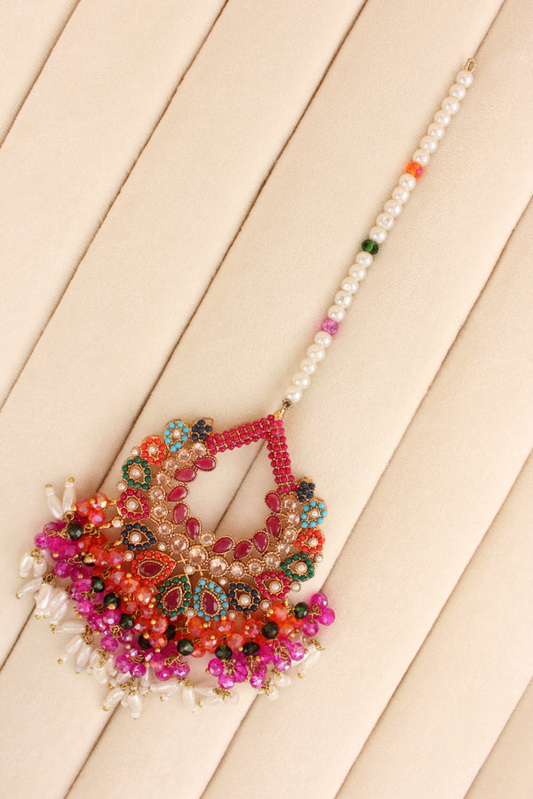 Multi Colour Pakistani Tikka Set With Ruby Colur Center Stone (PKTS003-RU)