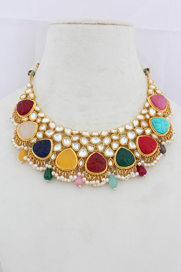 Multi Kundan Necklace Set With Matching Earrings(IGNK008)