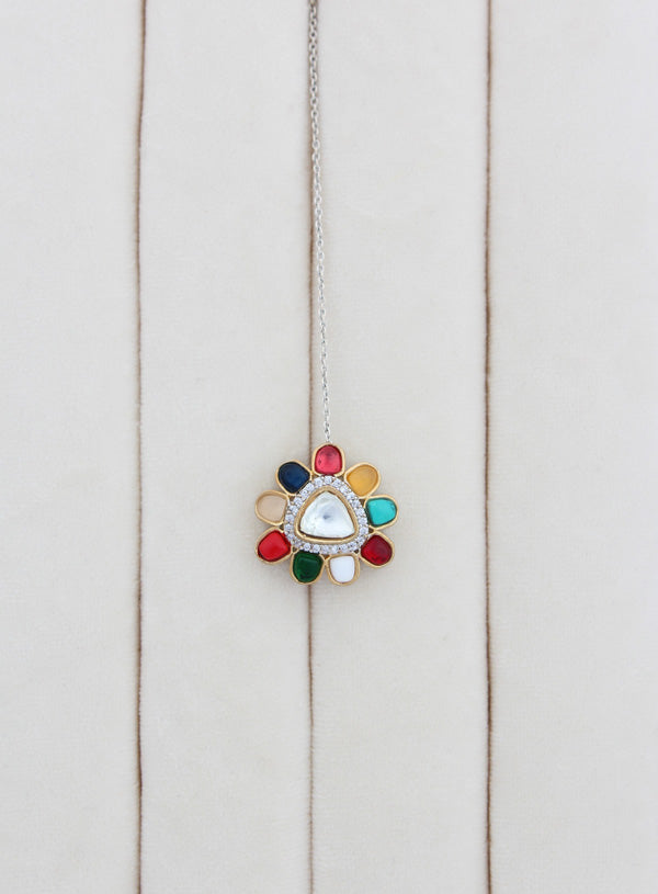 Multi Kundan Necklace With Pendant Also Matching Tikka And Earrings(IGNK009)