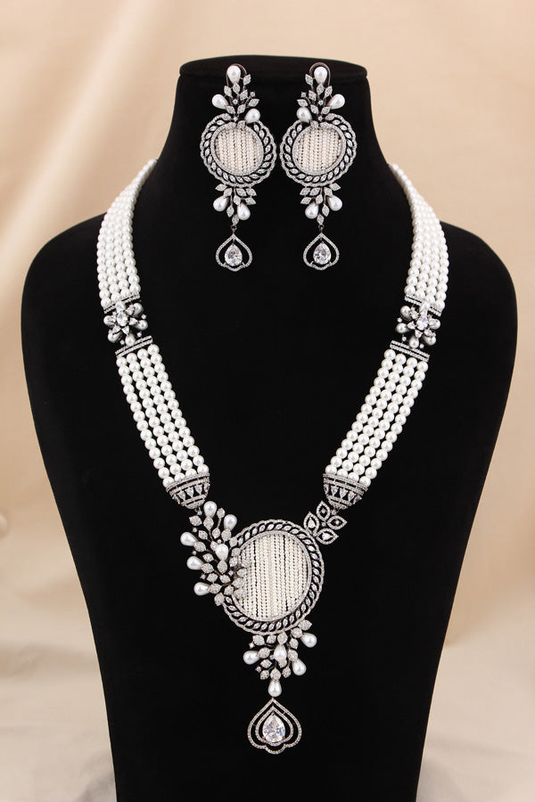 Multi Layered Pearl Statement Mala Necklace Set With A Sparkling Centerpiece And Matching Large Earrings In Black Polish (MA001-BL)