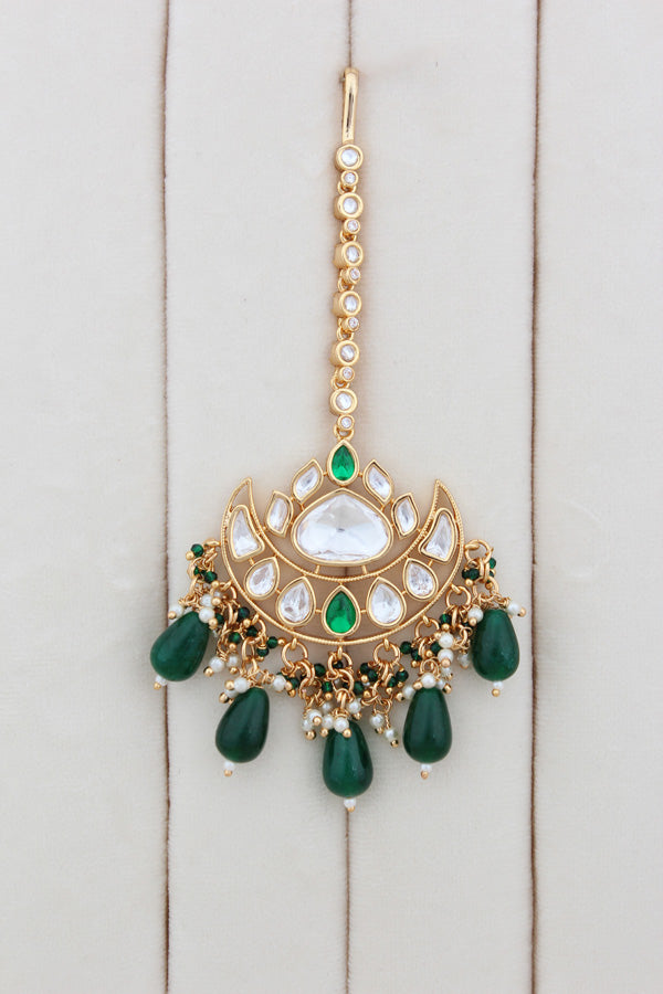 Necklace In Gold Polish With Kundan And Green Color Pearls Attached Also Large Earrings And Tikka(NK004-G-K-B1)