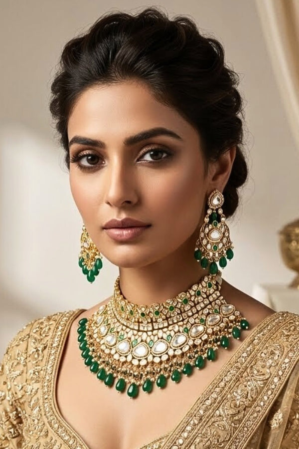 Necklace In Gold Polish With Kundan And Green Color Pearls Attached Also Large Earrings And Tikka(NK004-G-K-B1)