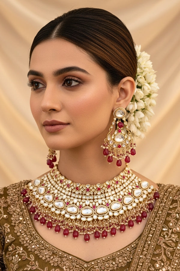 Necklace In Gold Polish With Kundan And Ruby Color Pearls Attached Also Large Earrings And Tikka(NK004-RU-K-B1)