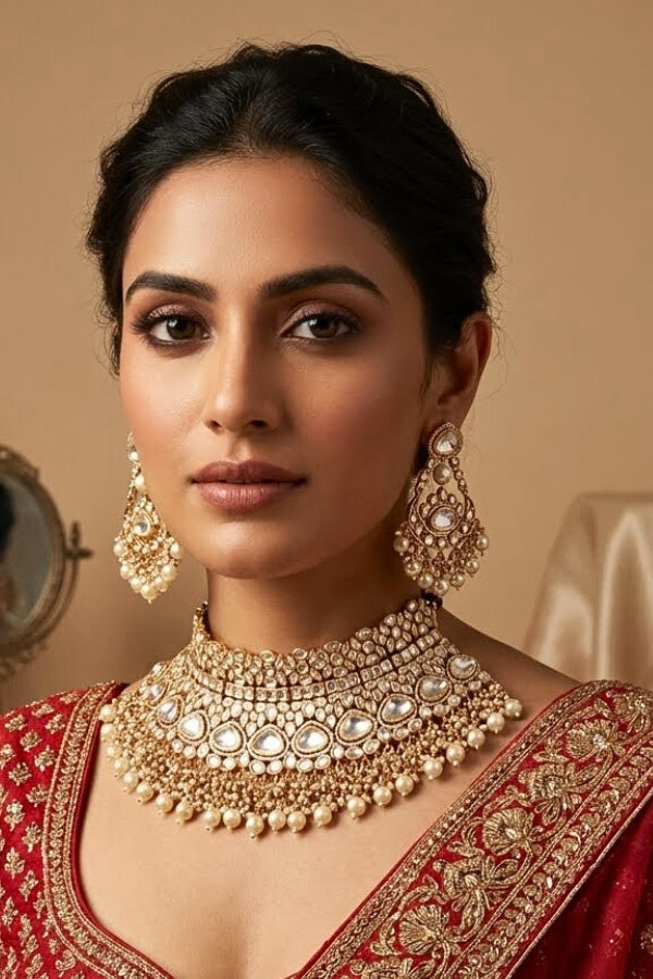 Necklace In Gold Polish With Kundan And White Pearls Attached Also Large Earrings And Tikka(NK004-GO-K-B1)