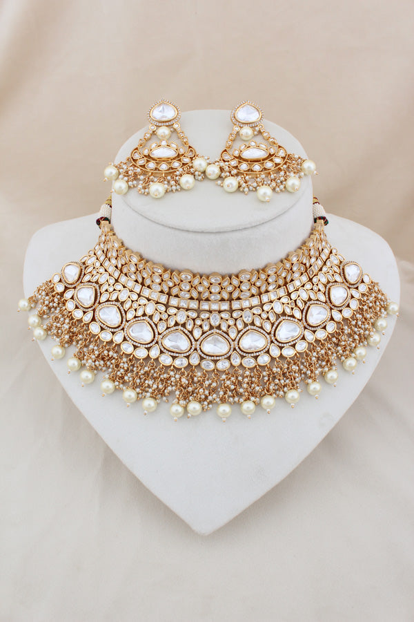 Necklace In Gold Polish With Kundan And White Pearls Attached Also Large Earrings And Tikka(NK004-GO-K-B1)