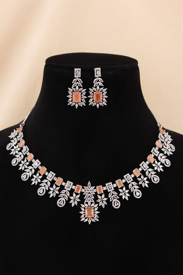 Premium Quality American Diamond Necklace Set With Small Peach Colour Stones And Small Earrings (NS005-AD-PE)