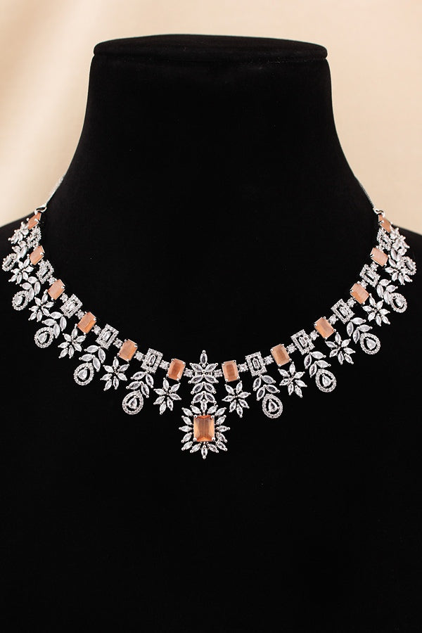 Premium Quality American Diamond Necklace Set With Small Peach Colour Stones And Small Earrings (NS005-AD-PE)