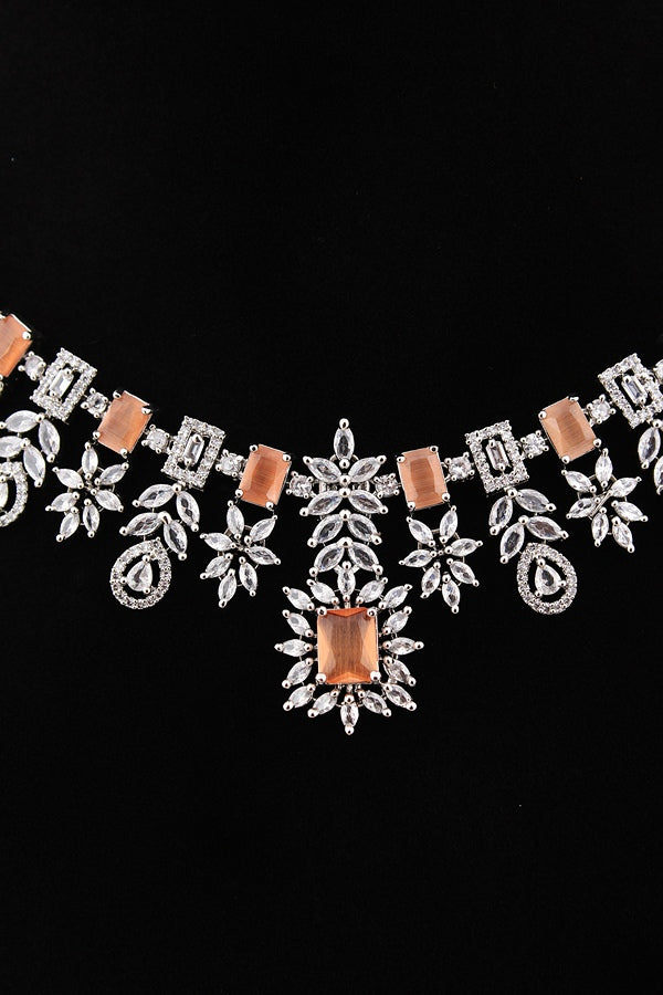 Premium Quality American Diamond Necklace Set With Small Peach Colour Stones And Small Earrings (NS005-AD-PE)