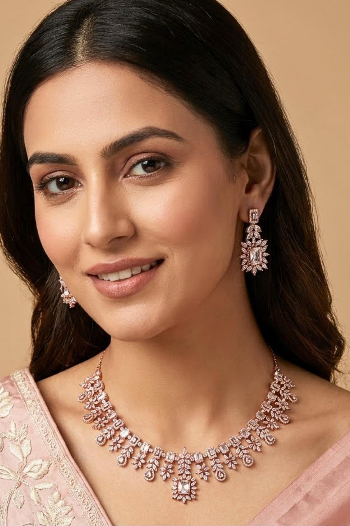 Premium Quality American Diamond Necklace Set With Small Silver Colour Stones And Small Earrings (NS005-AD-S)