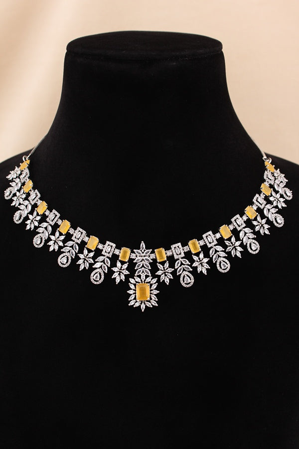 Premium Quality American Diamond Necklace Set With Small Yellow Colour Stones And Small Earrings (NS005-AD-Y)