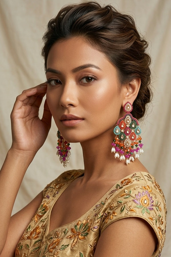 Pakistani Danglers With Multi Colours And White Pearls Attached With Gold Colour Center Stone (PKE002-GO)