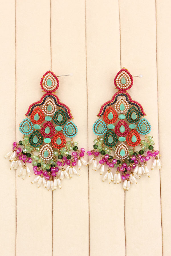 Pakistani Danglers With Multi Colours And White Pearls Attached With Light Green Colour Center Stone (PKE002-LG)