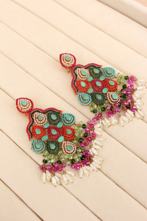 Pakistani Danglers With Multi Colours And White Pearls Attached With Light Green Colour Center Stone (PKE002-LG)