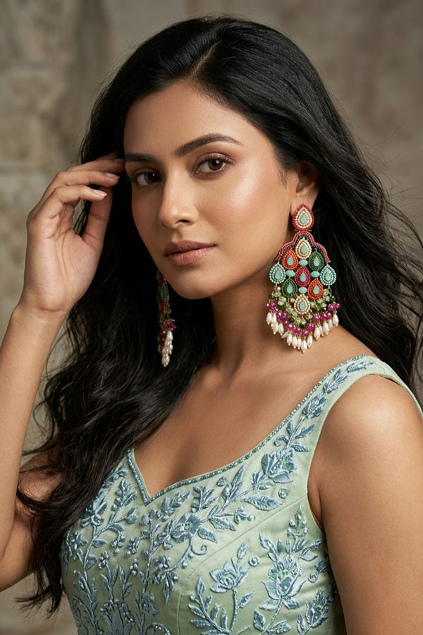 Pakistani Danglers With Multi Colours And White Pearls Attached With Light Green Colour Center Stone (PKE002-LG)