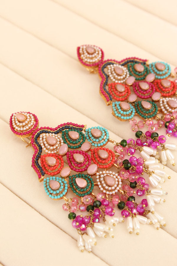Pakistani Danglers With Multi Colours And White Pearls Attached With Pink Colour Center Stone (PKE002-P)
