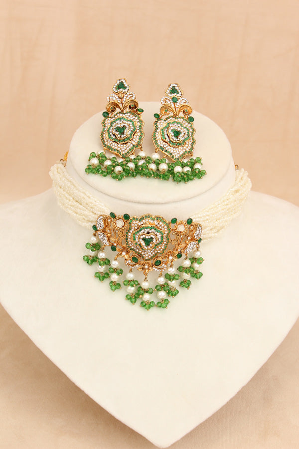 Pakistani Fashionable Choker Set With Flower Design And Green Colour Stones With Matching Large Earrings (IGPKCS001)