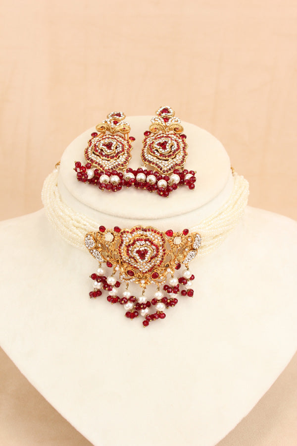 Pakistani Fashionable Choker Set With Flower Design And Red Colour Stones With Matching Large Earrings (IGPKCS001)