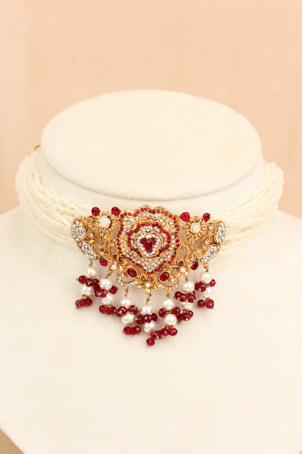 Pakistani Fashionable Choker Set With Flower Design And Red Colour Stones With Matching Large Earrings (IGPKCS001)